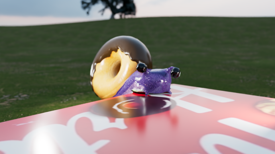 Donut Snail widening its eyes looking at a box of donuts