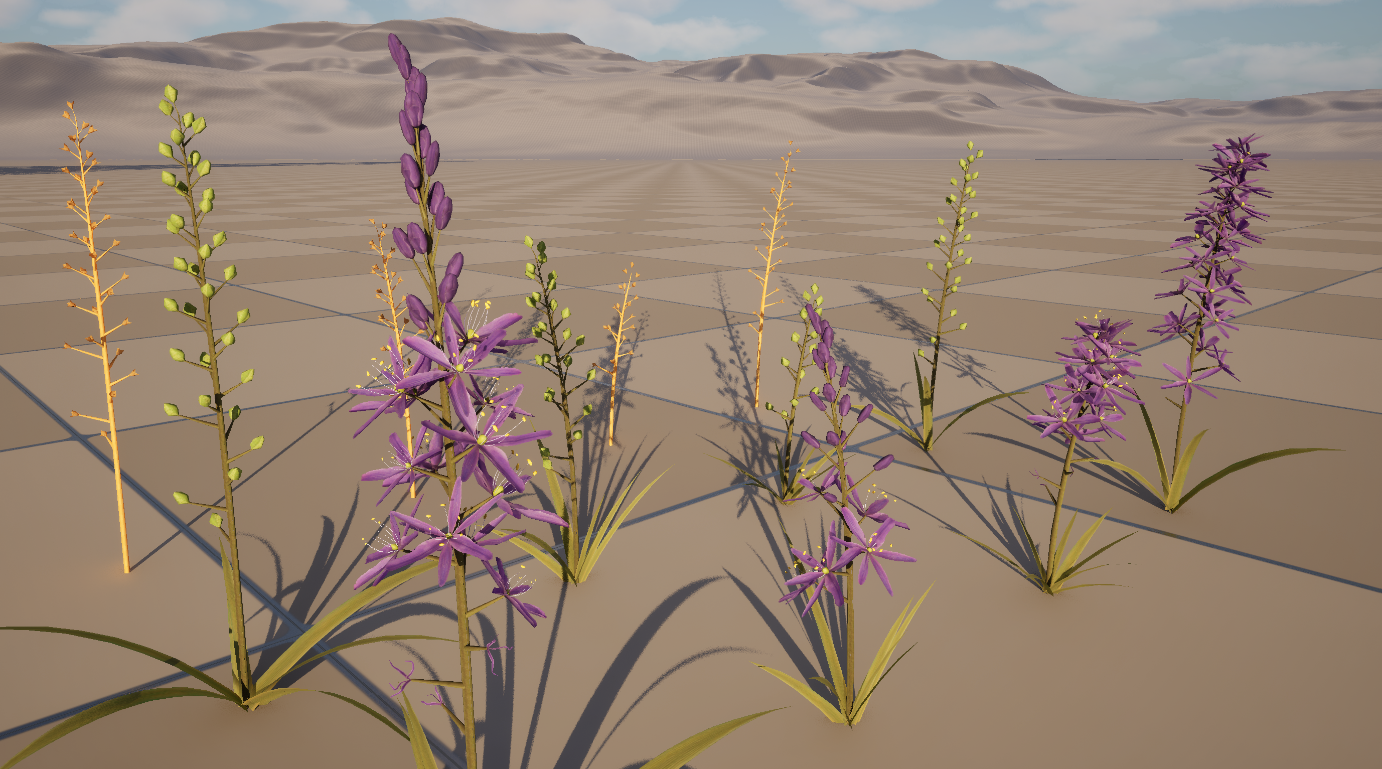12 camas meshes in Unreal Engine; created from four seeds in spring, summer, and fall variants